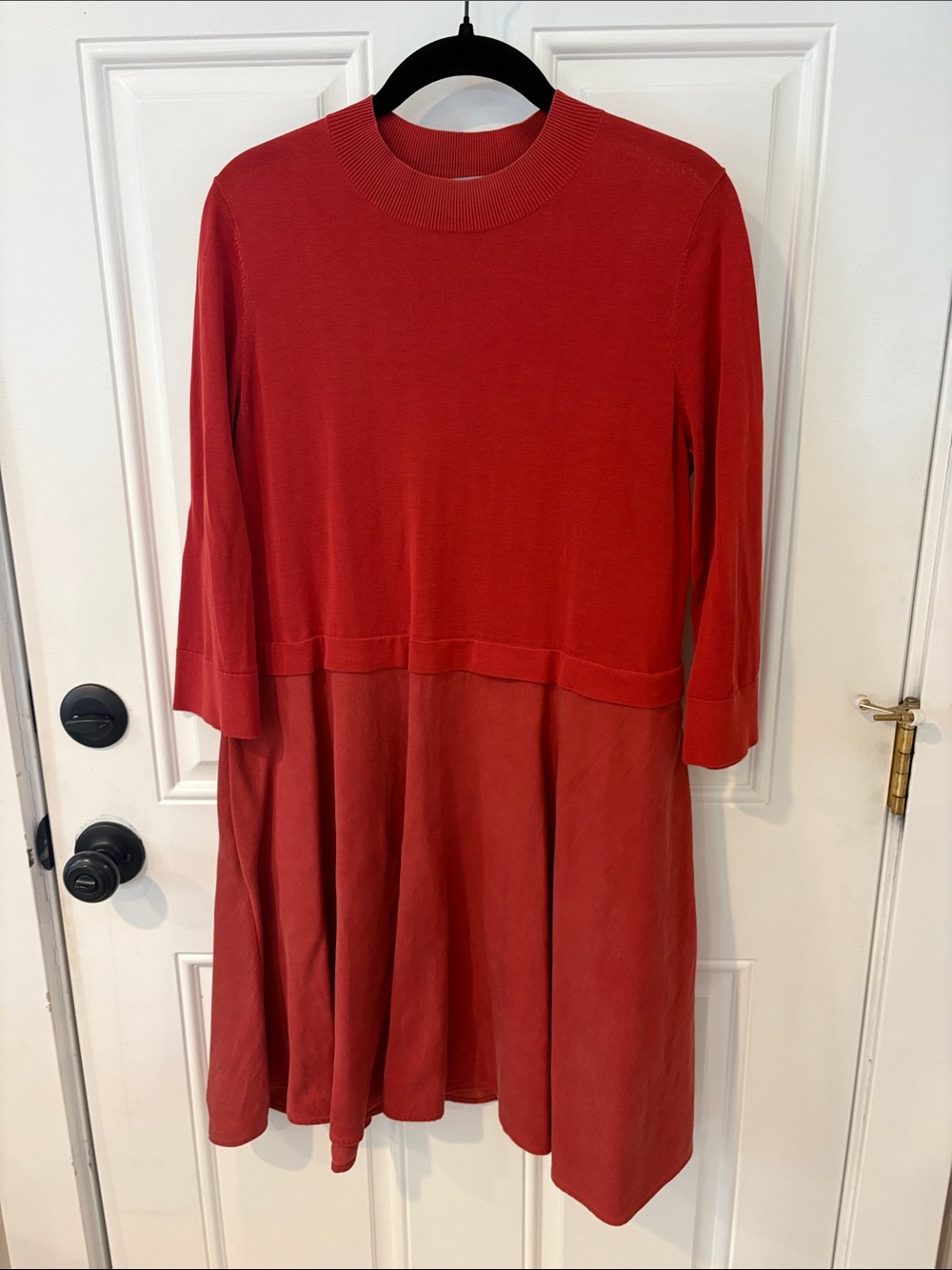 COS Burnt-Red dress with Ribbed Neckline and denim bottom